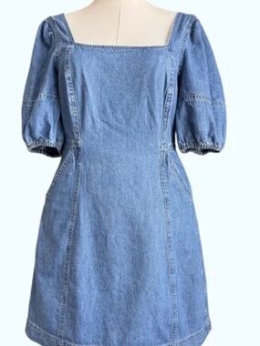 Madewell Maisey Denim Dress Size 14 Puff Sleeve Square Neck Mini Dress New